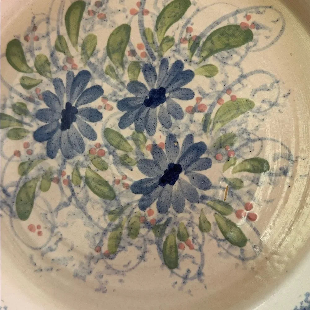 Plate Blue Spongeware Large Pottery Floral Pattern Deep Dish Large